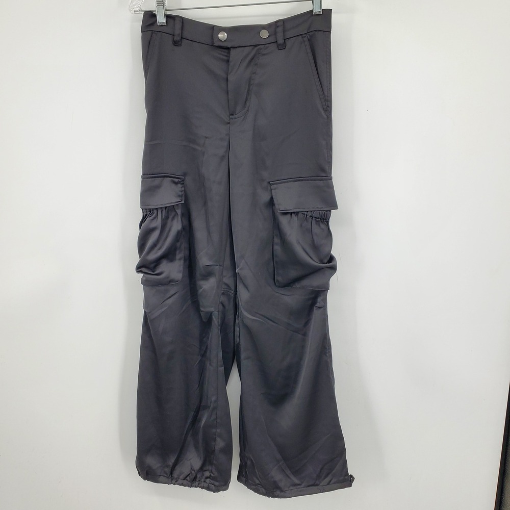 Banana Republic Black Satin Cargo Wide Leg Parachute Pants XS Adjustable Hem‎